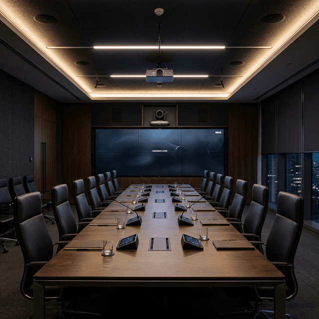 Modern corporate boardroom containing dual displays and video conference setup